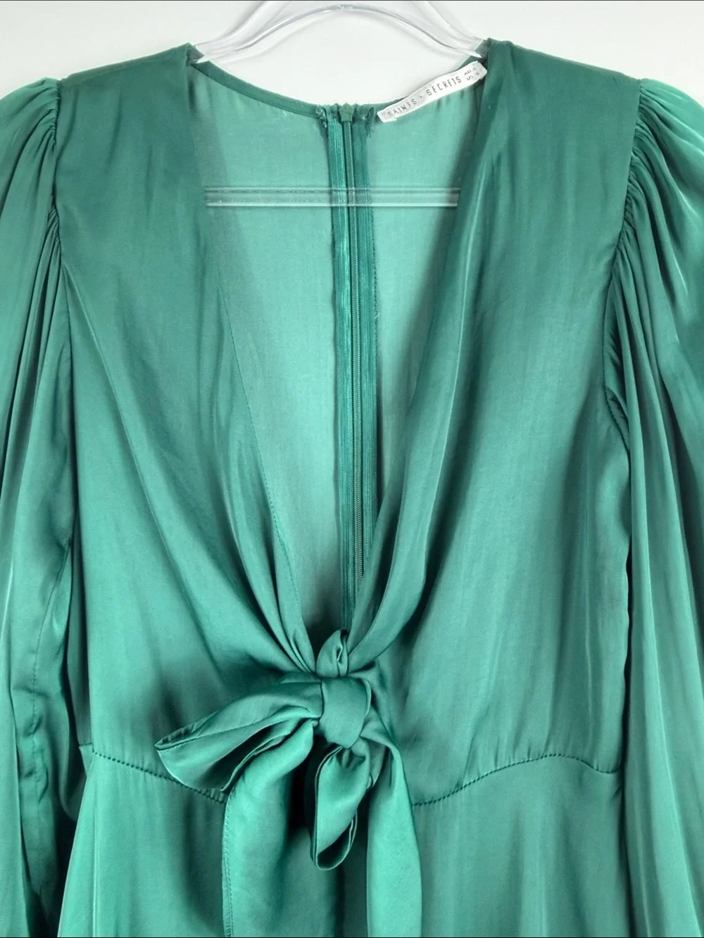 Saints + Secrets Deep Teal Satin Tie-Front Mini Dress Puff Sleeve S